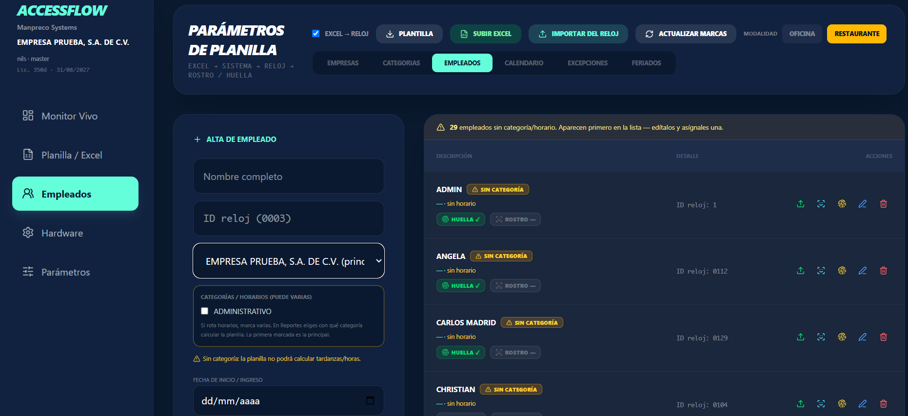 Interfaz del control de asistencia MANPRECO AccessFlow