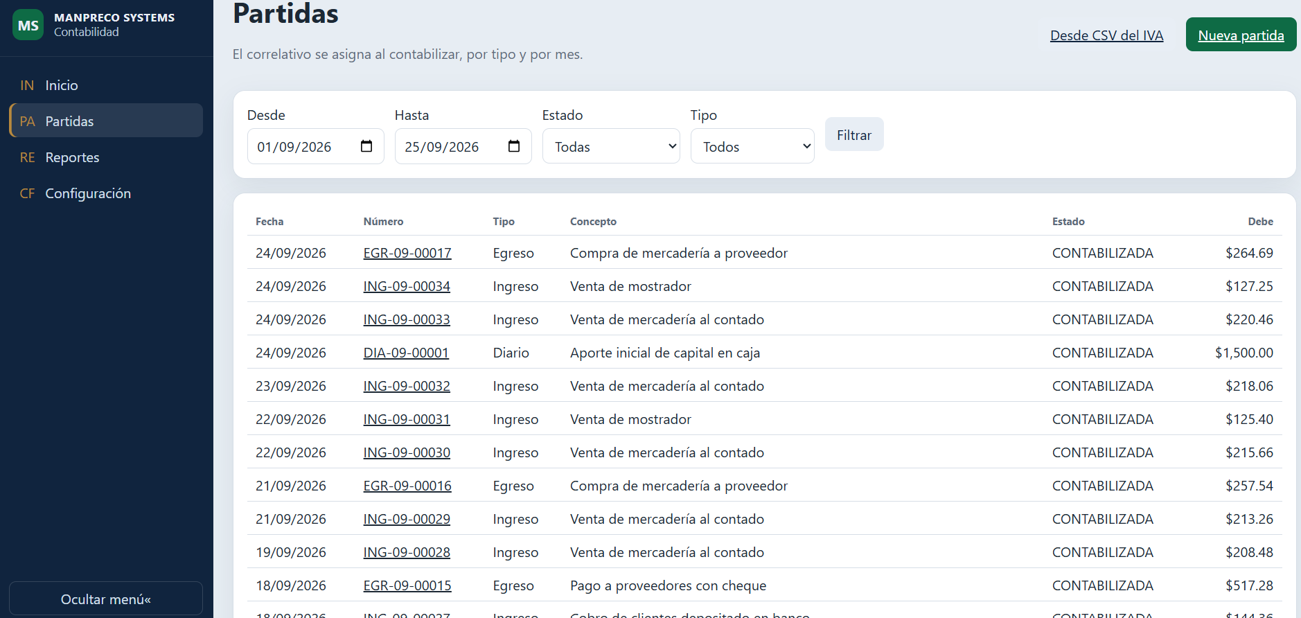 Listado de partidas del sistema contable MANPRECO, con el enlace Desde CSV del IVA